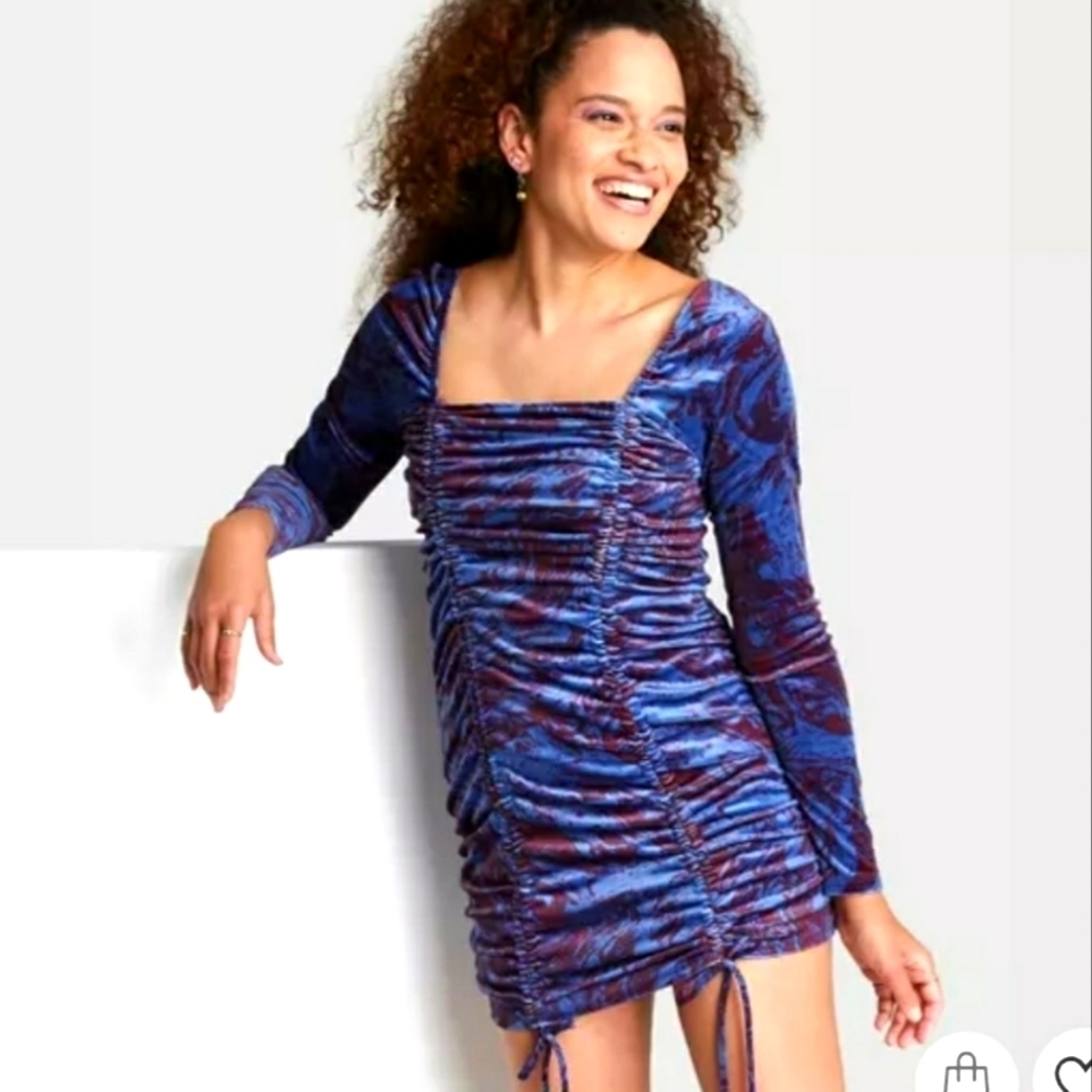 Wild Fable™ Long Sleeve Ruched Velvet Blue and Purble Bodycon Dress Size M
